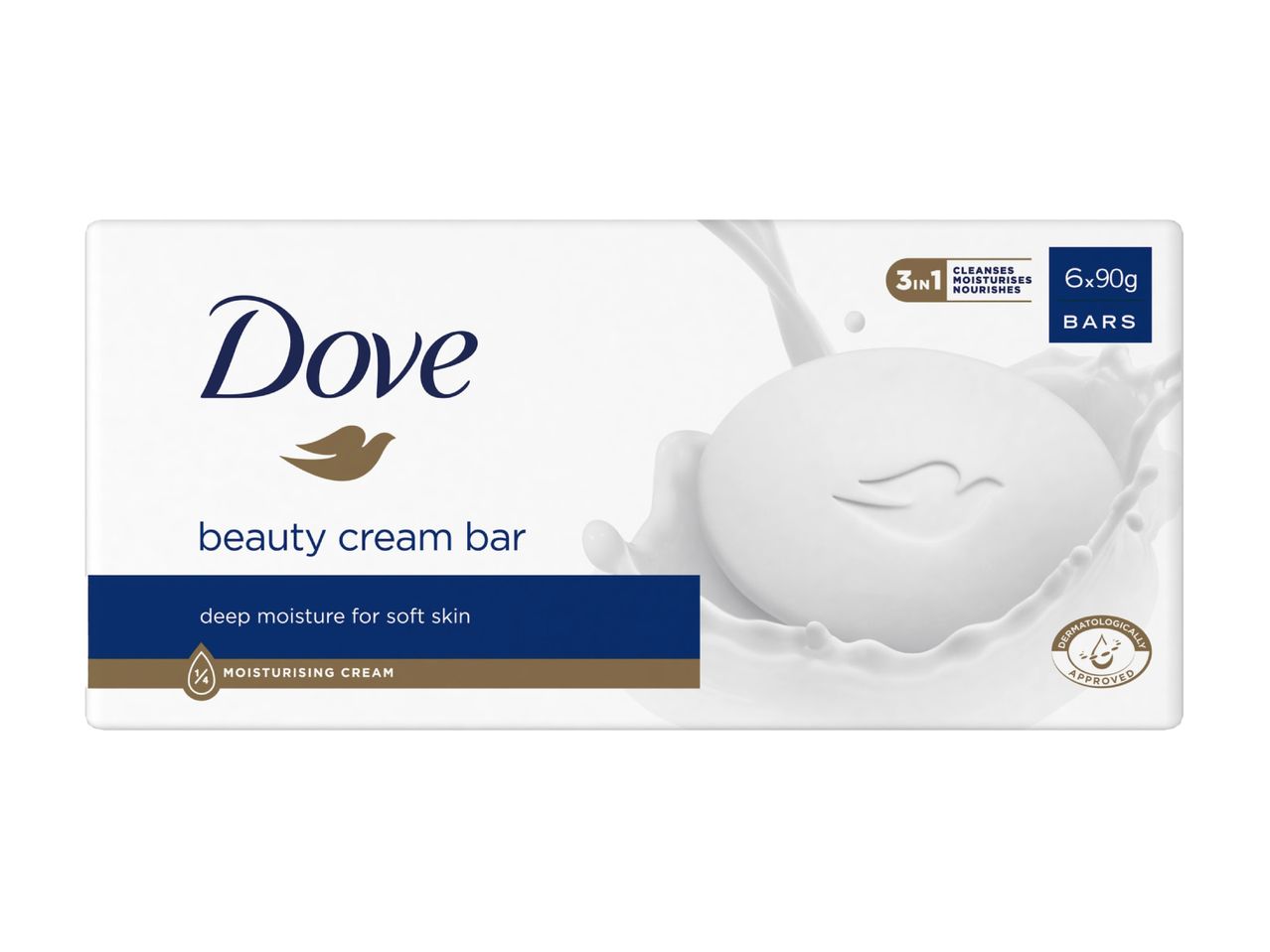 Dove beauty cream bar, 6 x 90g, 3-in-1 cleansing, moisturizing, and nourishing bars.
