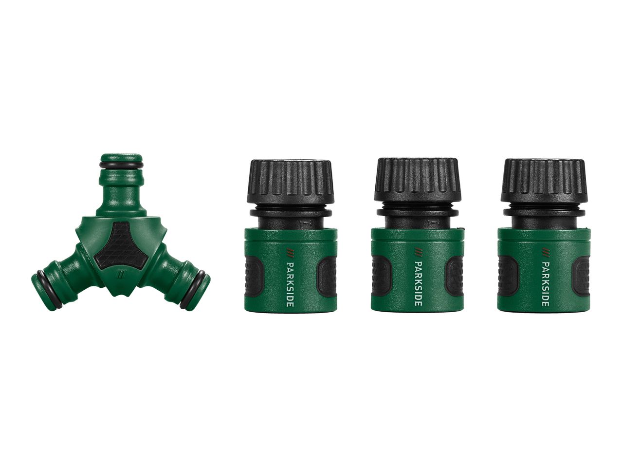 Green Y-distributor and three hose connectors for garden watering.