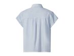 Light blue and white striped short-sleeved shirt with a collar, back view.