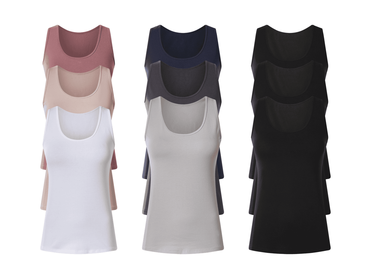 Tre sæt med tre tanktoppe i forskellige farver: rosa, blå og sort.