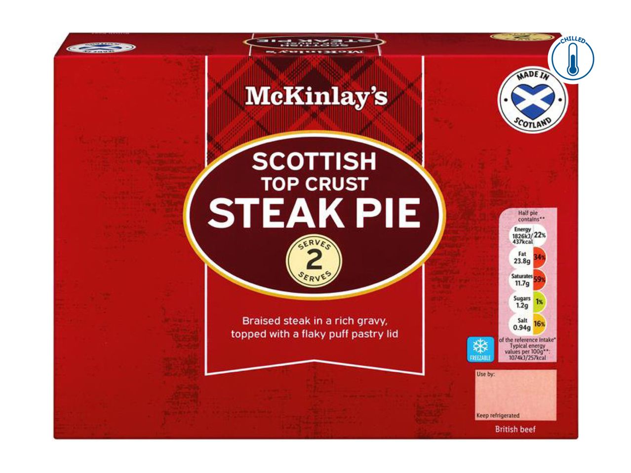 McKinlay's Scottish Top Crust Steak Pie, 2 servings, made in Scotland, chilled.