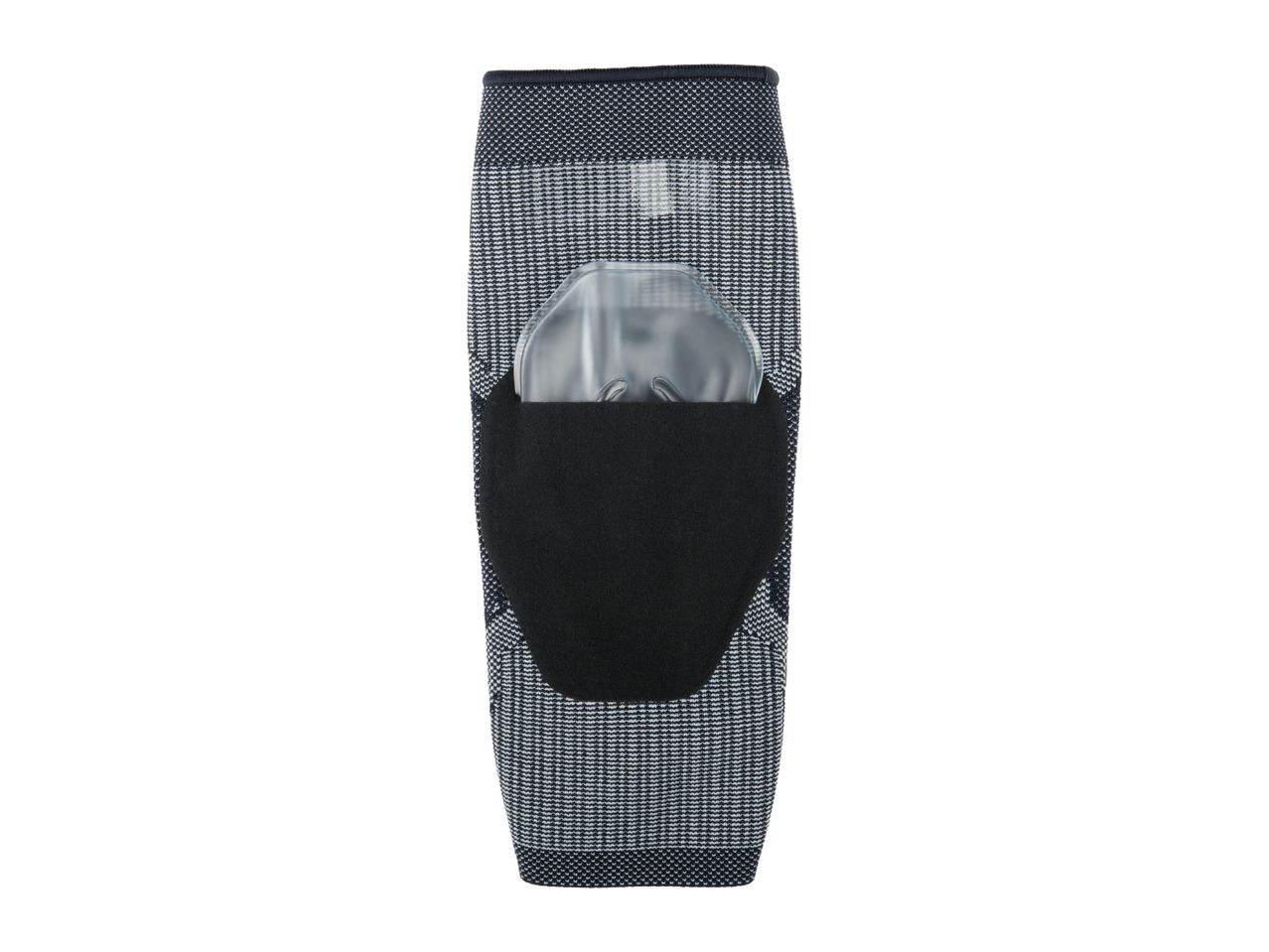 Black and white patterned elbow support with a clear gel pad and black hook-and-loop closure.