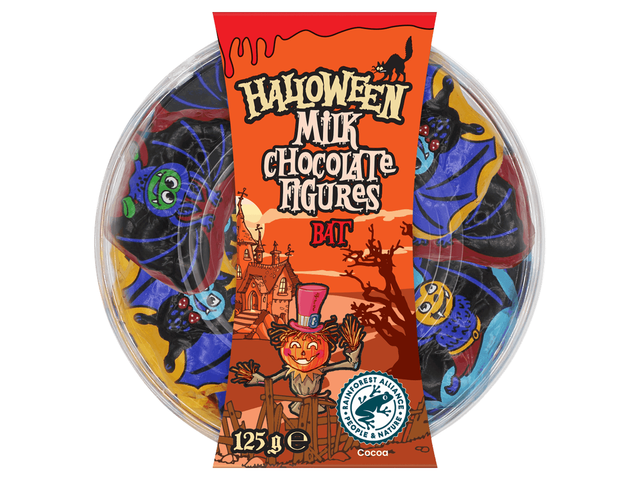 Denevér alakú halloweeni tejcsokoládé figurák kerek műanyag tálcában.