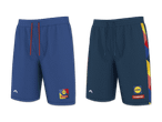 Zwei blaue Shorts mit farbigen Streifen und Logos