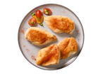 Quatro filetes de frango temperados com tomate e cebolinho num prato.
