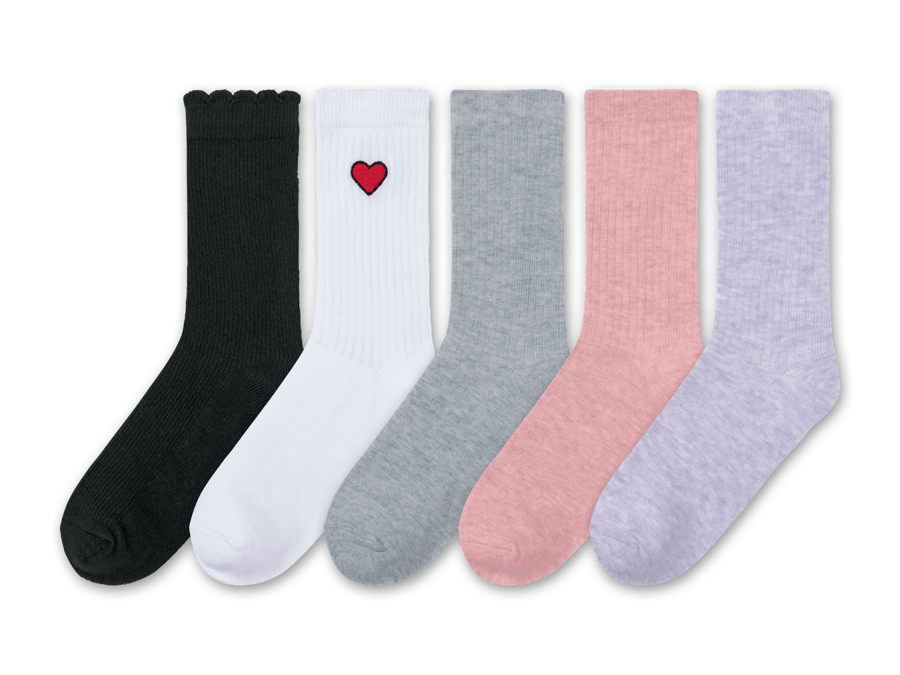 Fünf Paar Socken in Schwarz, Weiß mit Herz, Grau, Rosa und Lila.
