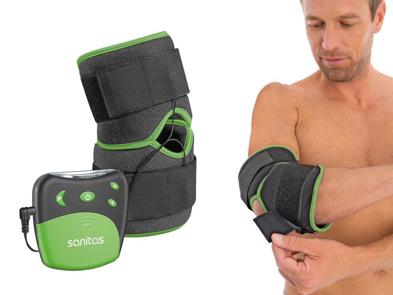 Санитас TENS/EMS устройство за лакът с контролер, прикрепено към ръката на мъж