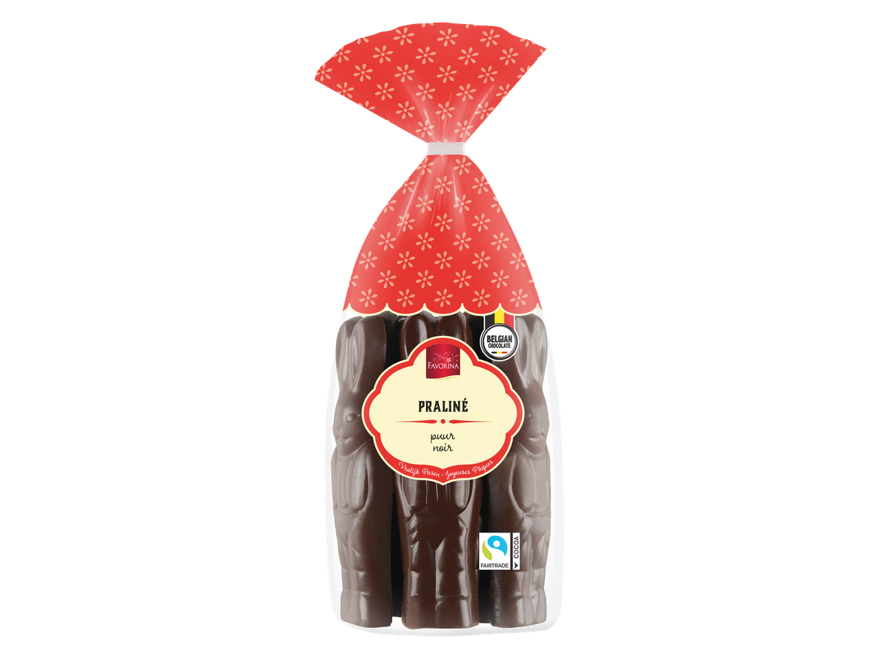 Favorina paashaasjes van pure pralinéchocolade, verpakt in een rode zak met bloemmotief.