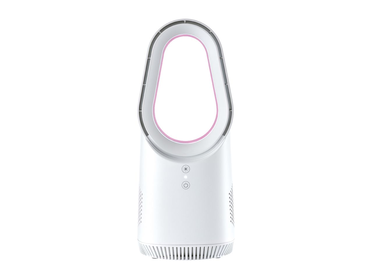 White bladeless fan with pink inner ring and control buttons