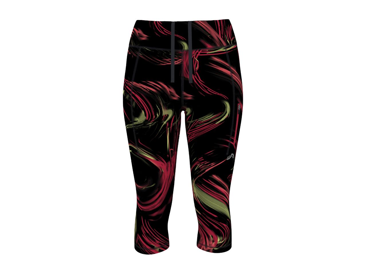 Black capri leggings with red and green abstract swirl pattern