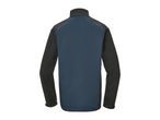 Back view of a navy blue and black softshell jacket with a stand-up collar.