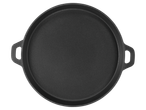 Top-down view of a round, dark grey cast iron pan with two small handles.