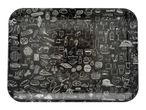 Black serving tray with white line art illustrations of various foods, drinks, and kitchen items.