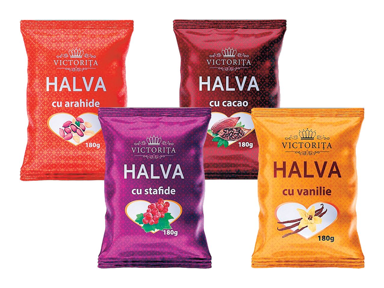Patru pachete de halva Victorita, cu arome de arahide, cacao, stafide și vanilie.