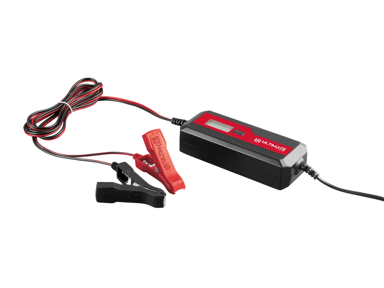 ULTIMATE SPEED® Car & Motorcycle Battery Charger with red and black clamps