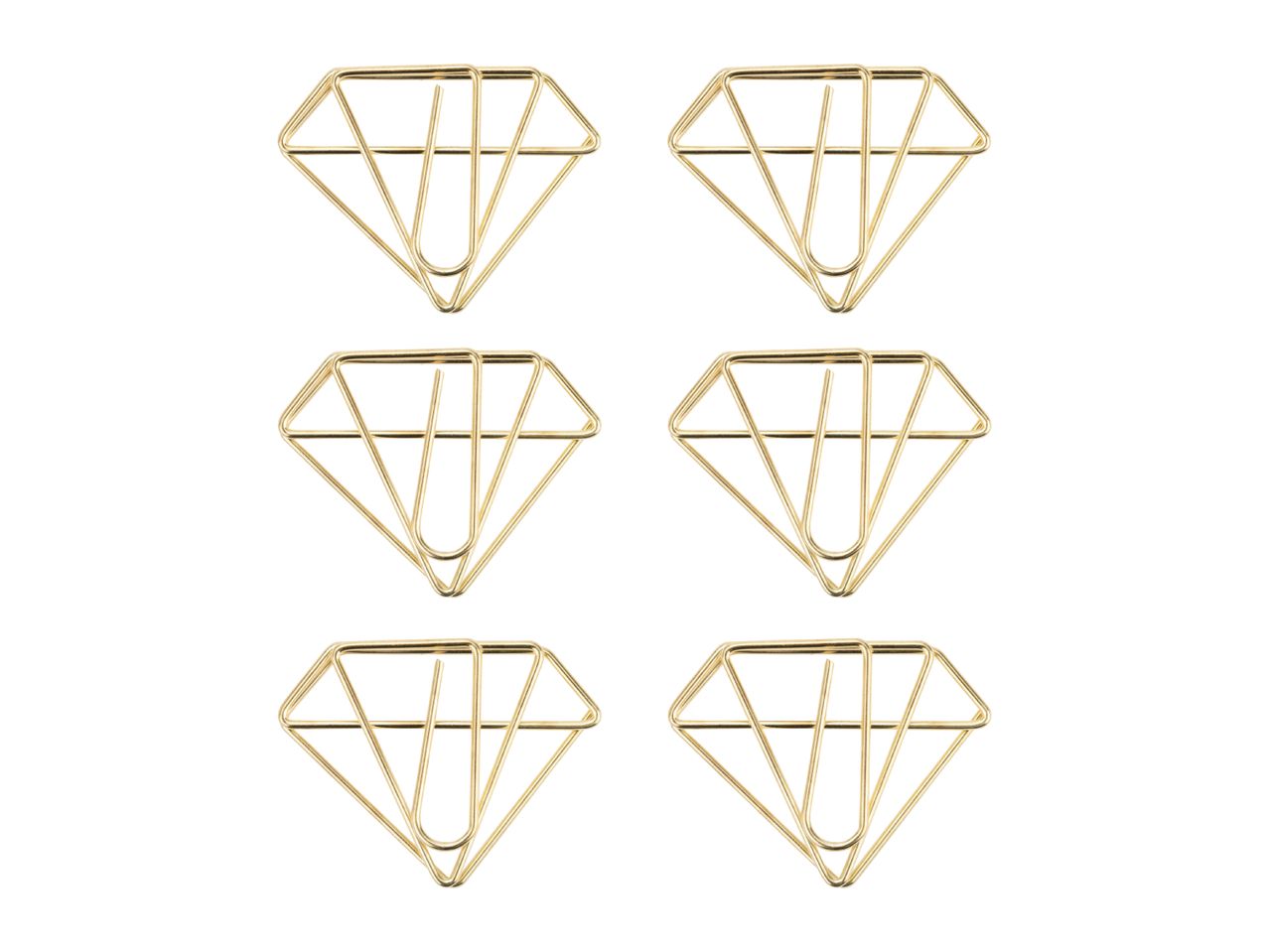 Six gold-colored diamond-shaped paper clips arranged in two columns on a white background.