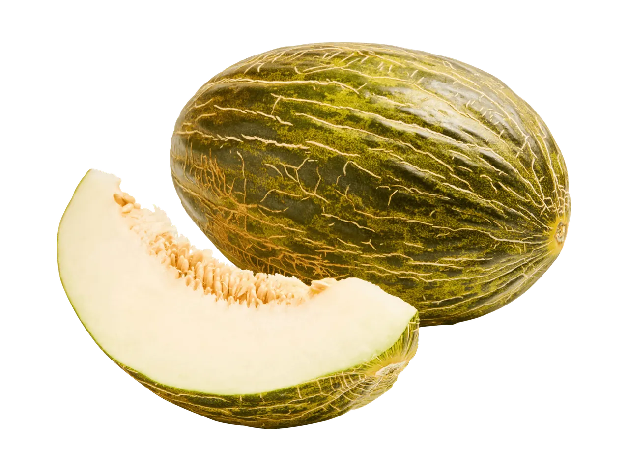 Melon Piel de Sapo entier et en tranche sur fond noir.