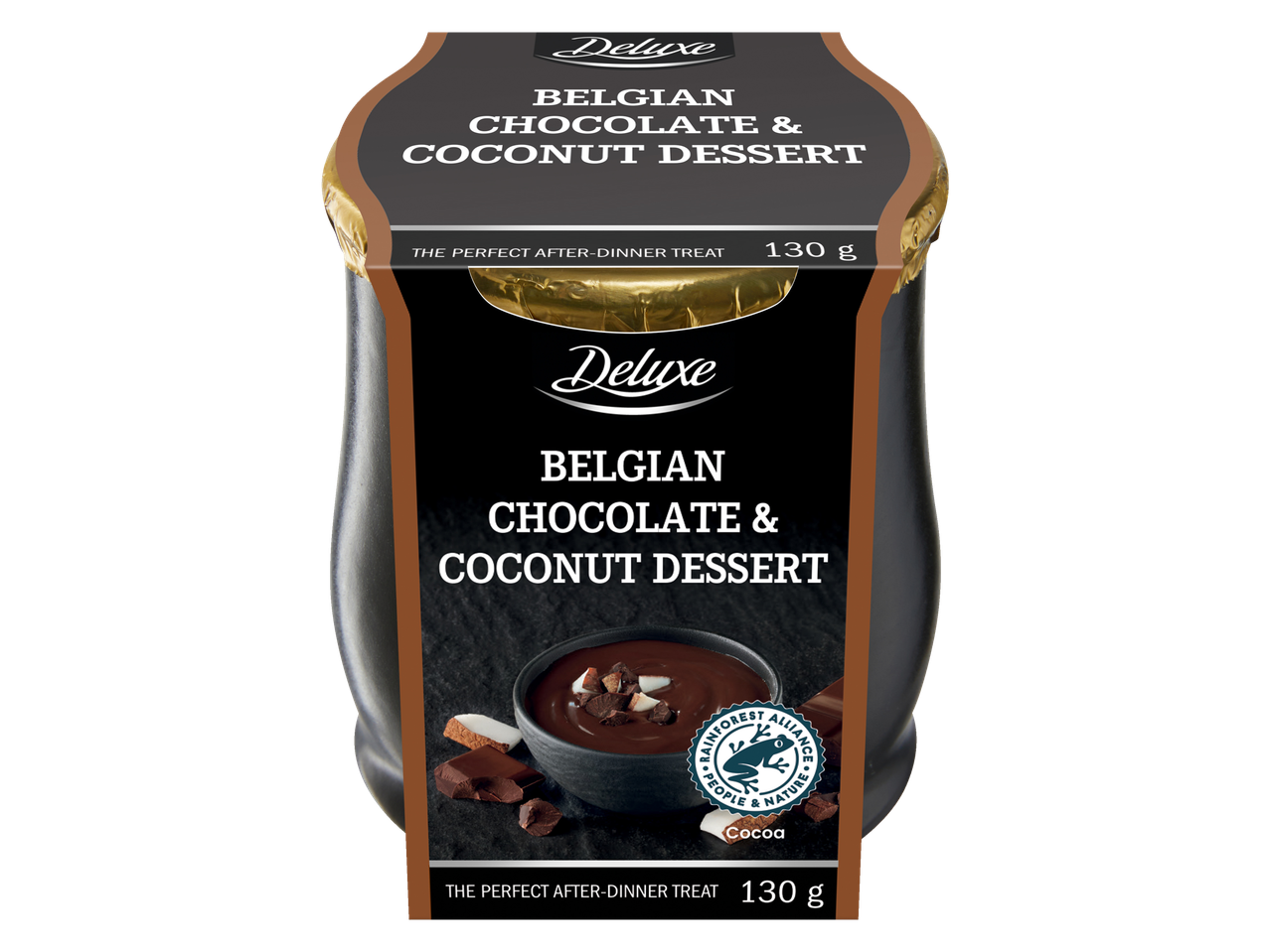 Deluxe belgiškas šokolado ir kokosų desertas, 130 g