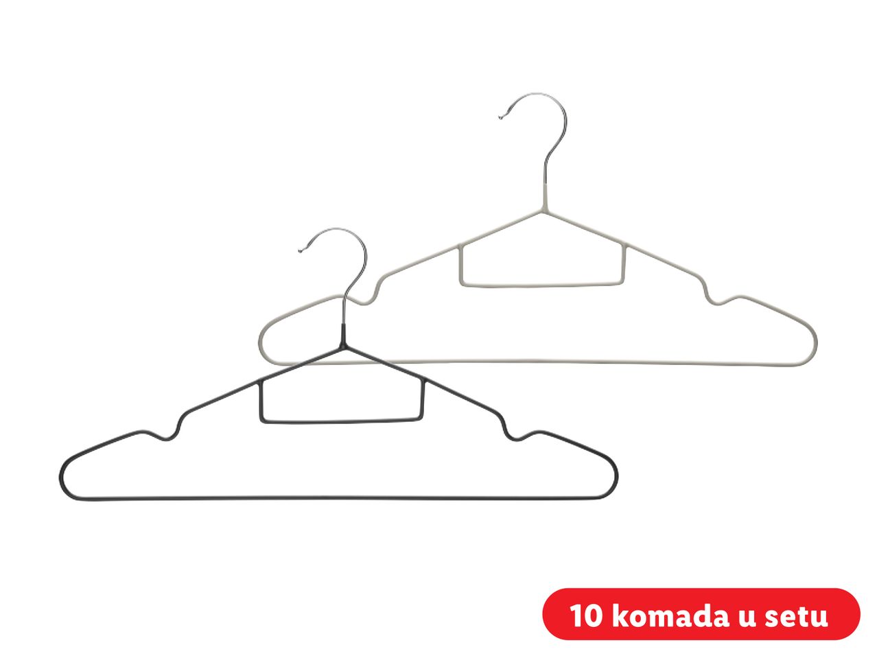 Dva vješalica za odjeću, jedna siva i jedna crna, s natpisom '10 komada u setu'.