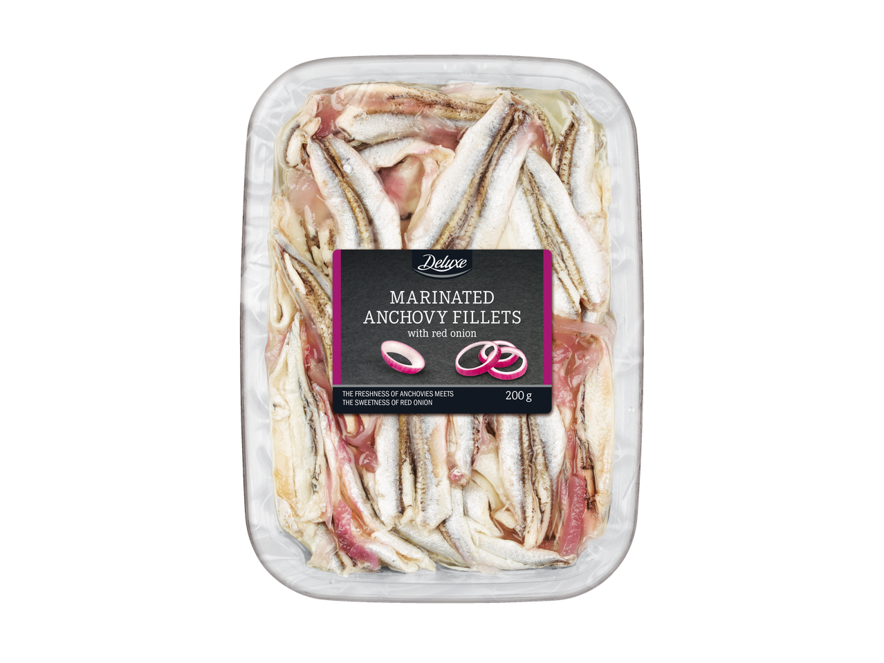 Filets d'anchois marinés Deluxe à l'oignon rouge dans un bac plastique transparent.