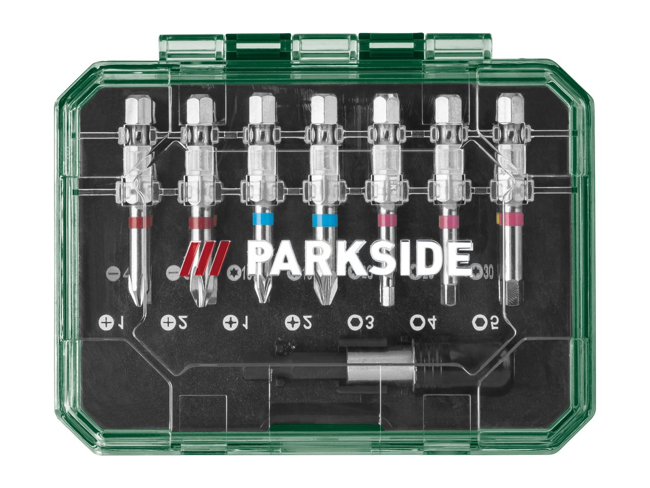 A set of screwdriver bits in a clear green case, with various sizes and types visible.