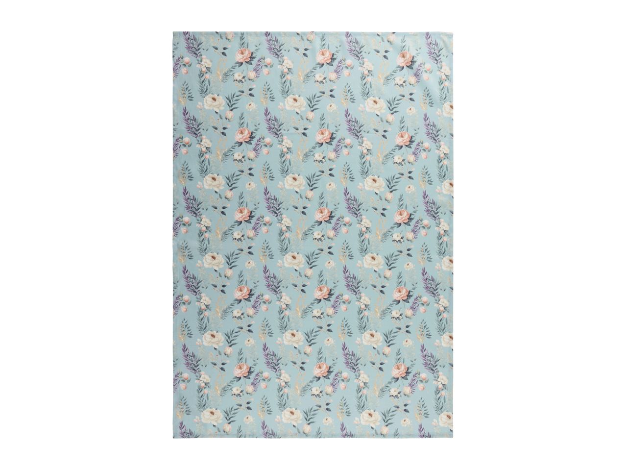 Light blue floral fabric with pink and white roses, purple and green leaves.
