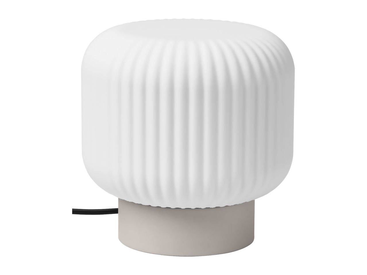 Modern table lamp with a ribbed white glass shade and a grey base