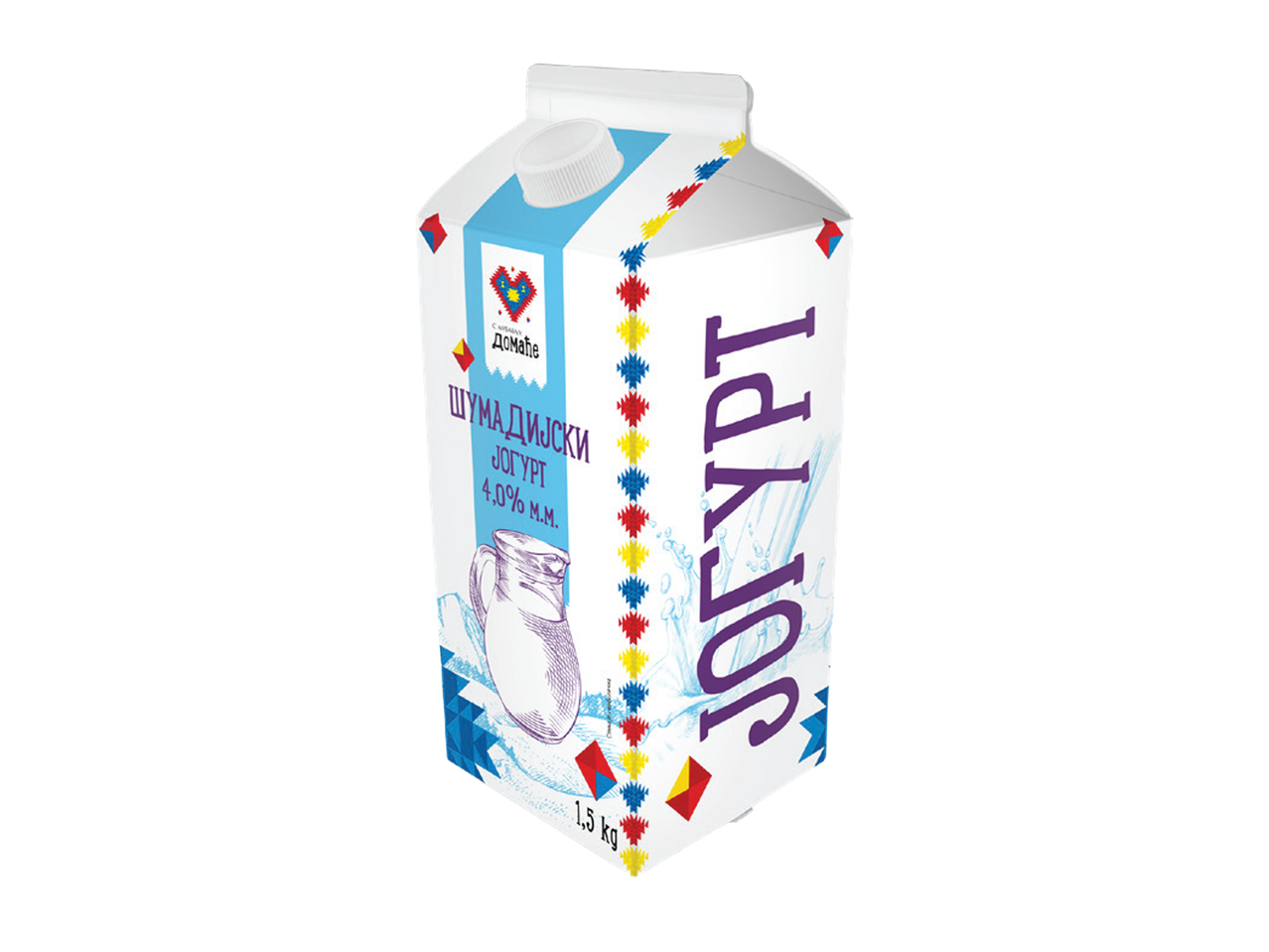 Karton jogurta sa natpisom 'ШУМАДИЈСКИ ЈОГУРТ 4.0% М.М.' i '1,5 kg'.