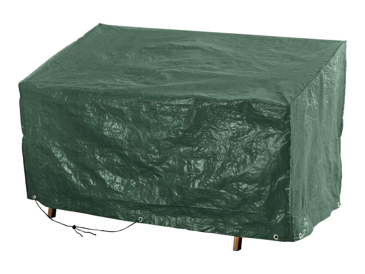 Dark green waterproof cover for garden furniture, with a drawstring at the bottom.