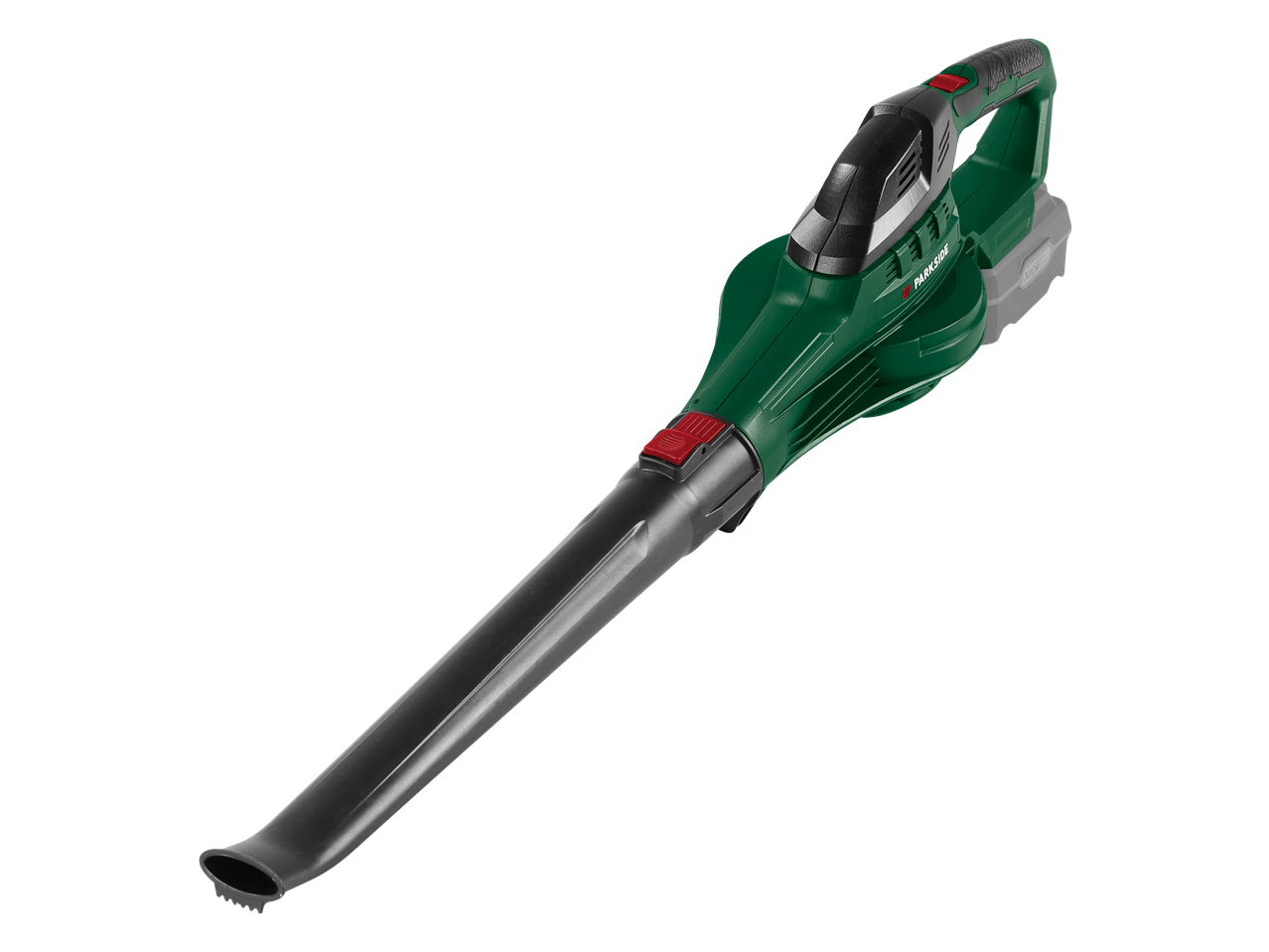 Cordless leaf blower with a green and black body, red buttons, and a gray battery pack.