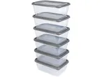 A stack of six gray-lidded, clear plastic food storage containers.