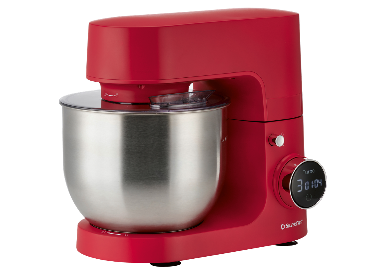 Mixer roșu SilverCrest cu bol din oțel inoxidabil și afișaj digital