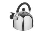 A stainless steel stovetop kettle with a black handle and whistle.