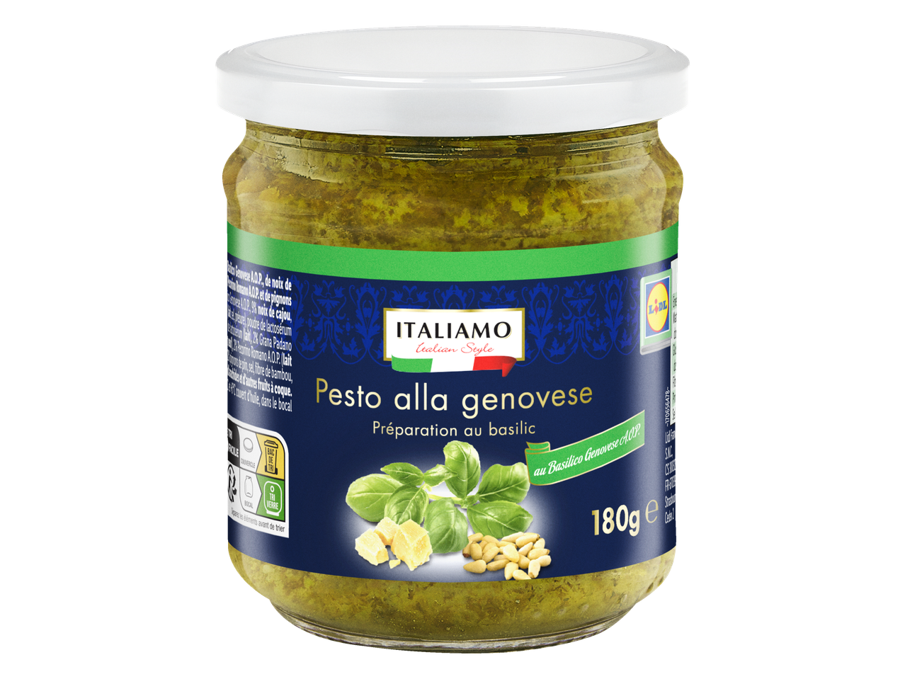 Pesto alla genovese Italiamo en pot, avec basilic, fromage et pignons.