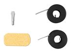Soldering iron tip, sponge, and two spools of solder wire on a white background.