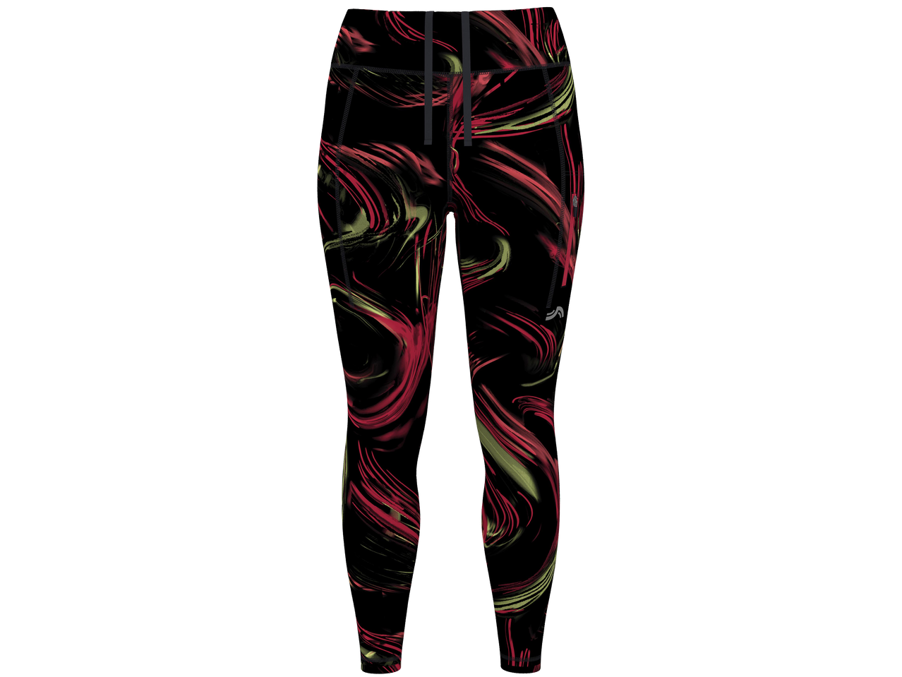 Fekete női sport leggings piros és sárga absztrakt mintával.