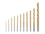 A set of eleven golden-colored drill bits of varying sizes, arranged from smallest to largest.