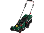Parkside 40V Cordless Lawn Mower, green and black with red accents, angled view.