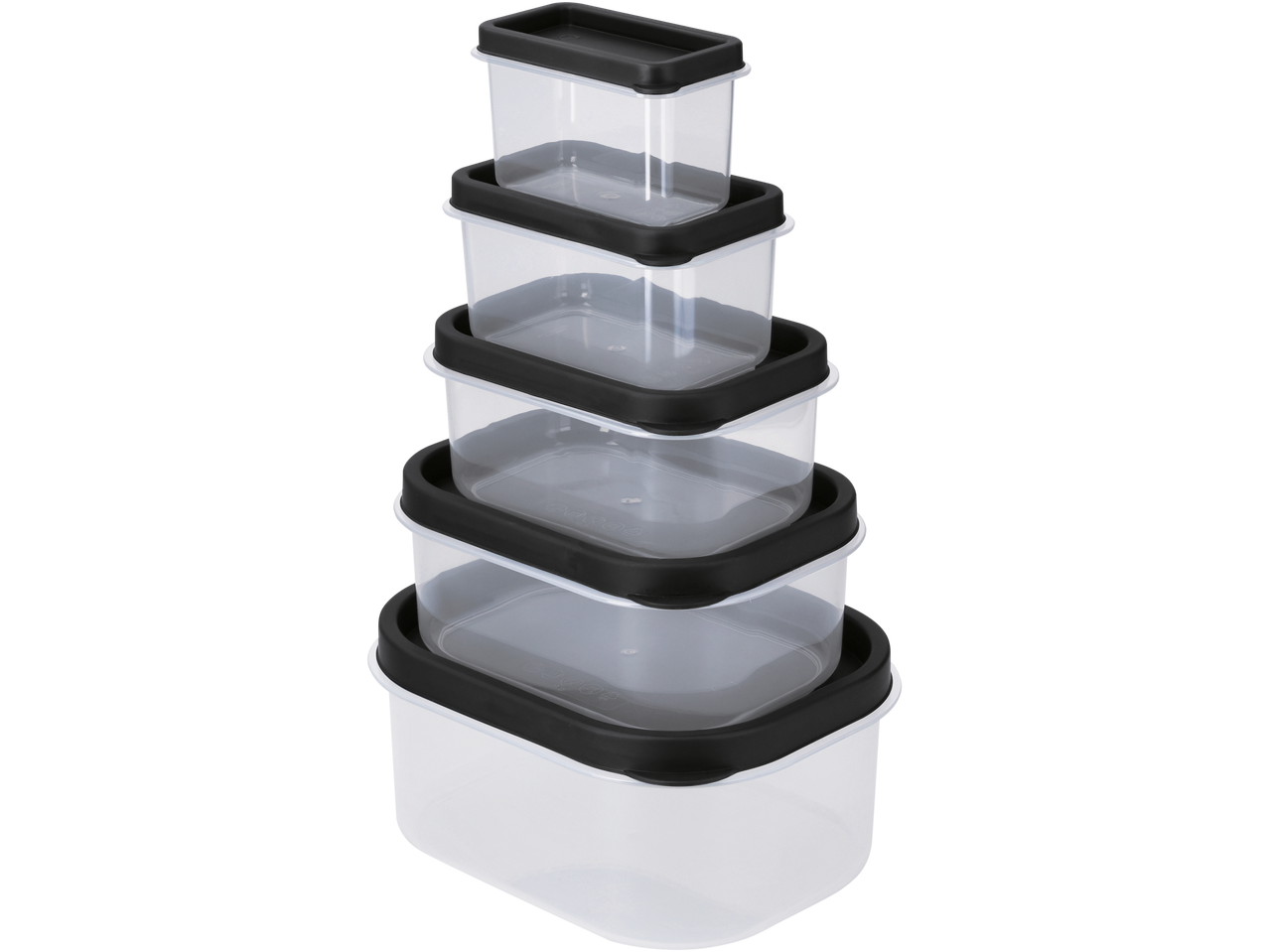 Sakrauti taisnstūrveida caurspīdīgi plastmasas pārtikas konteineri ar melniem vākiem.