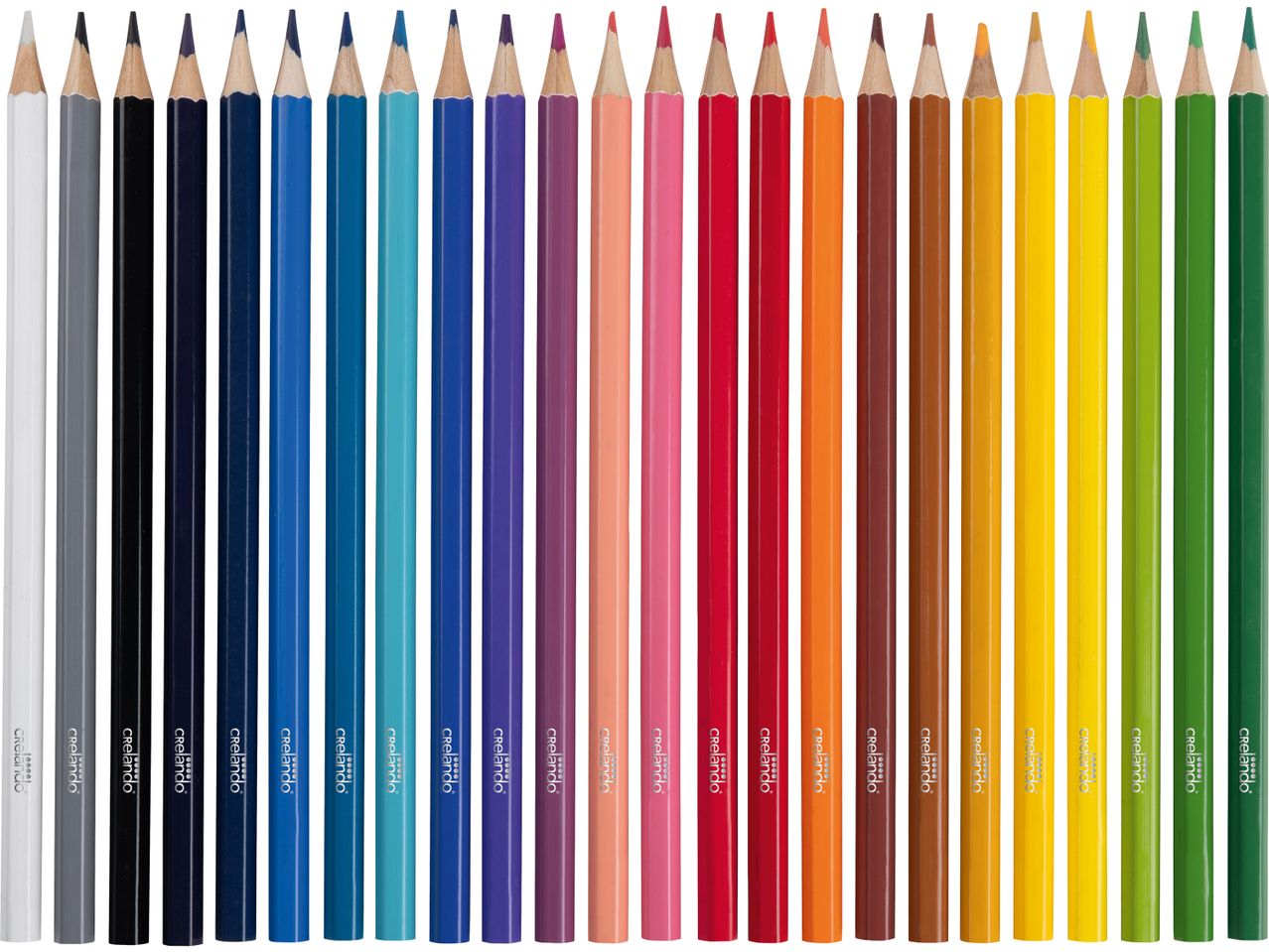 A row of Crelando colored pencils in various shades.