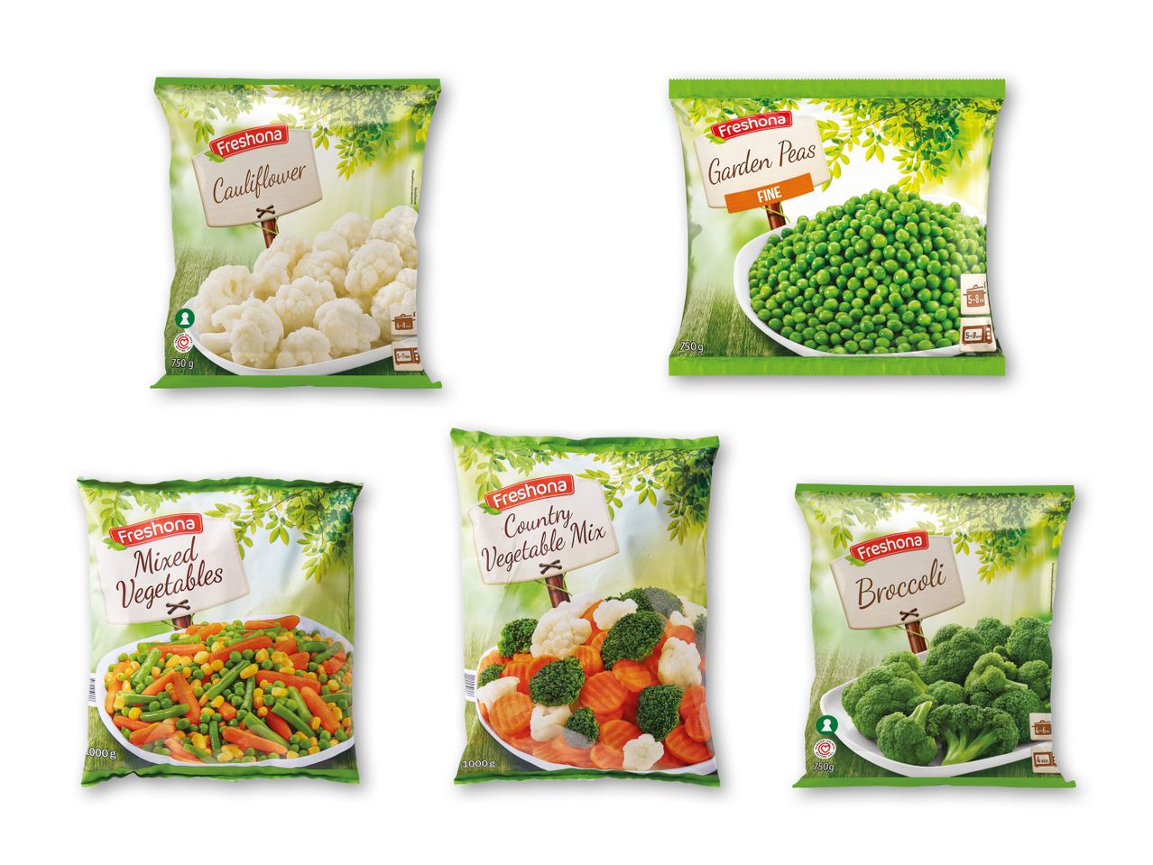 Fem poser frosne grøntsager fra Freshona, herunder blomkål, ærter, blandede grøntsager, landblanding og broccoli.