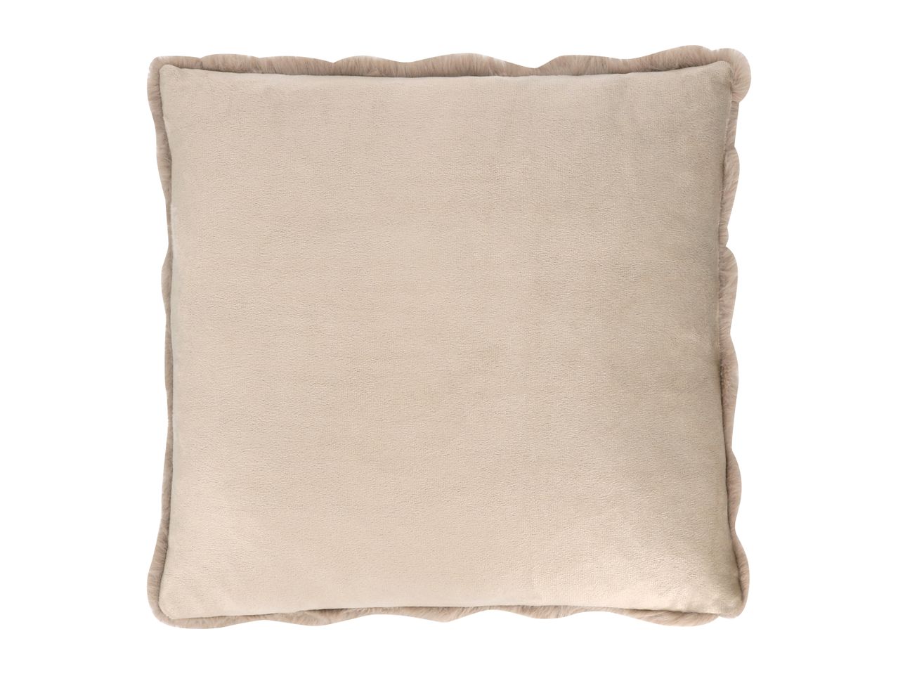 Beige velvet cushion with a soft faux fur trim