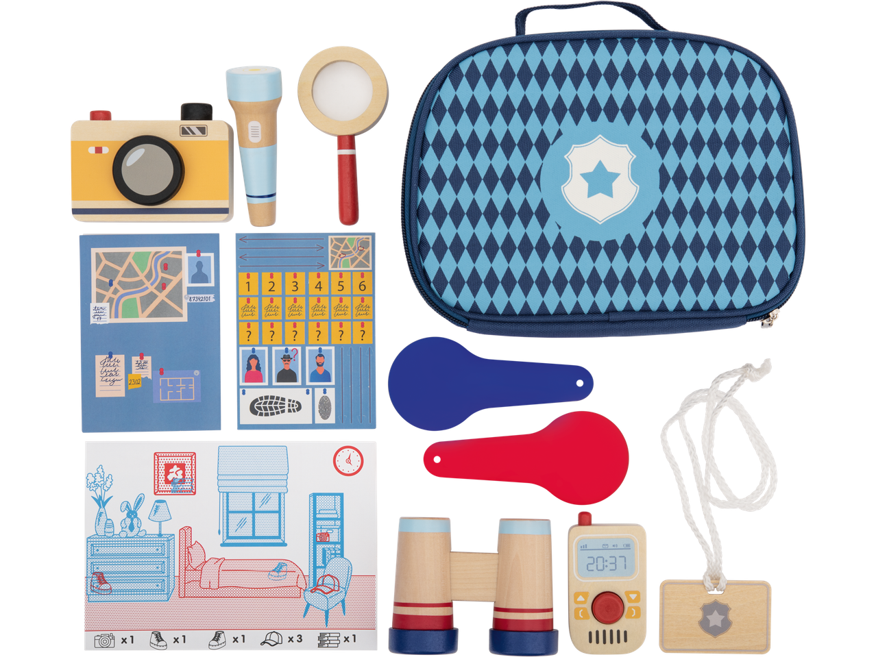 Medinis policijos rinkinys su fotoaparatu, žibintuvėliu, didinamuoju stiklu ir lagaminu.