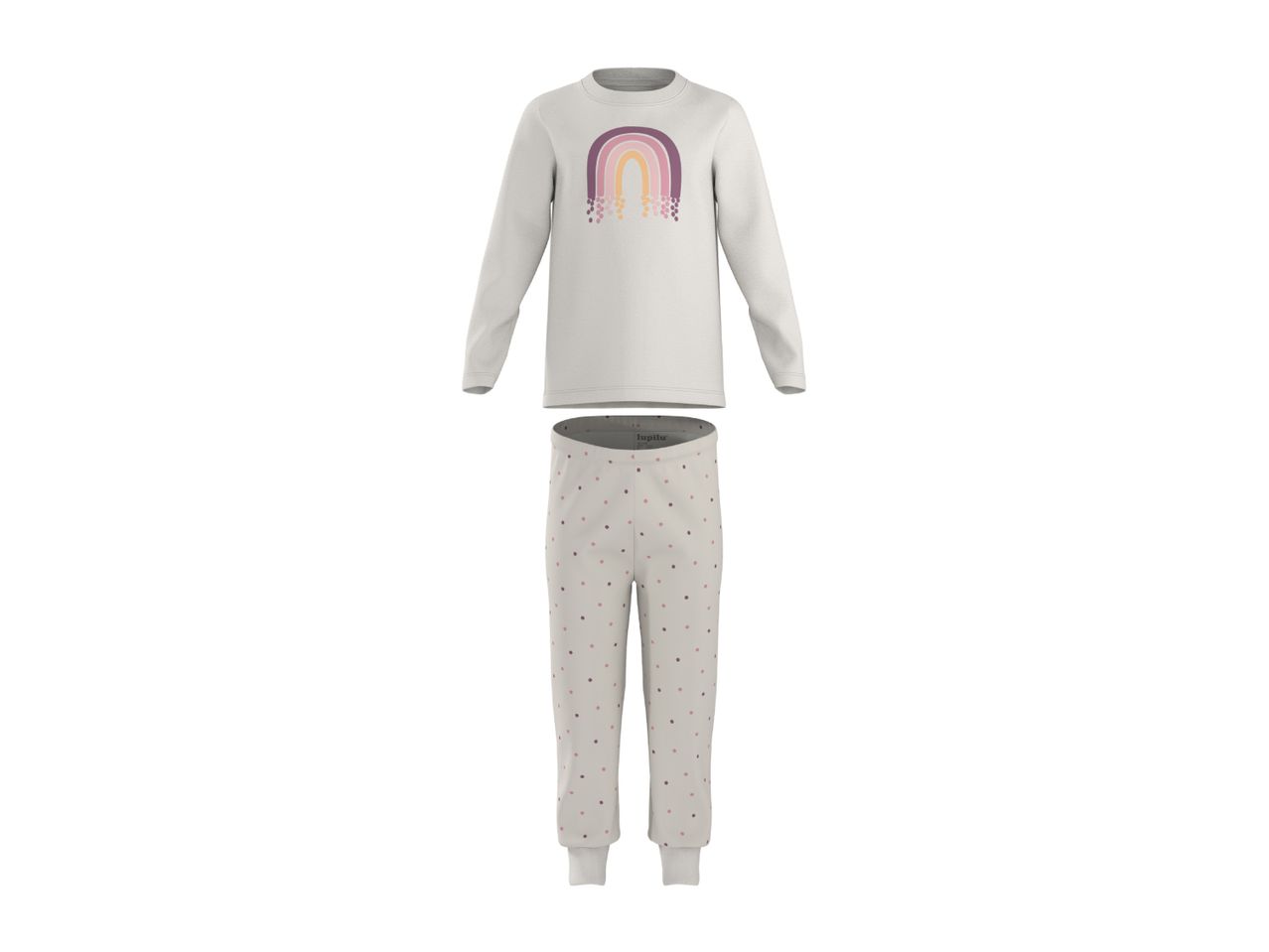 Children's pajama set with a white long-sleeved top featuring a rainbow graphic and polka dot bottoms.