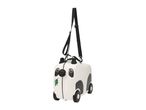 White panda-shaped children's ride-on suitcase with black wheels and shoulder strap