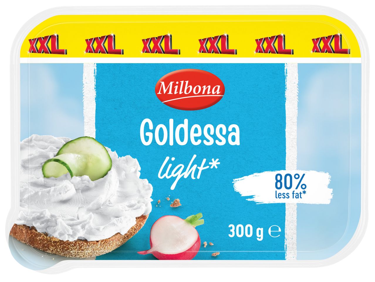 Опаковка крема сирене с надпис 'XXL', 'Goldessa light' и '80% по-малко мазнини'.