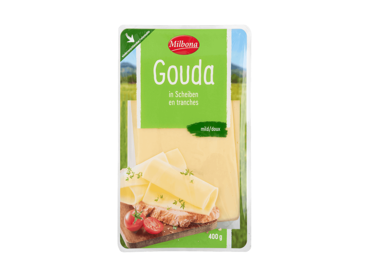 Gouda-Käsescheiben in einer Packung mit der Aufschrift „mild/doux“ und 400 g