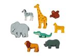 Wooden animal figures including a giraffe, elephant, zebra, monkey, crocodile, lion, cheetah, and rhino.