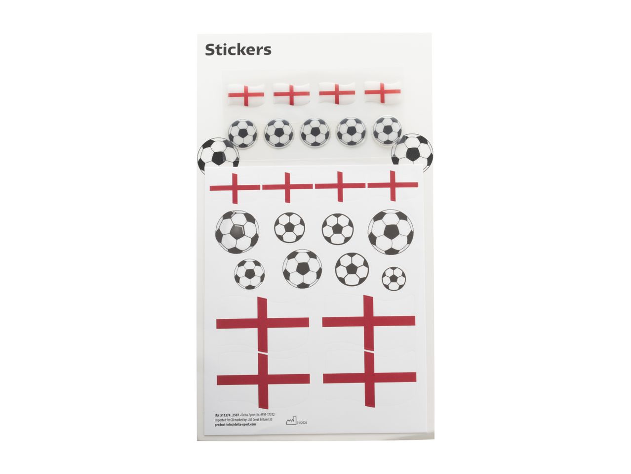 Stickers featuring England flags and footballs, with product information below.