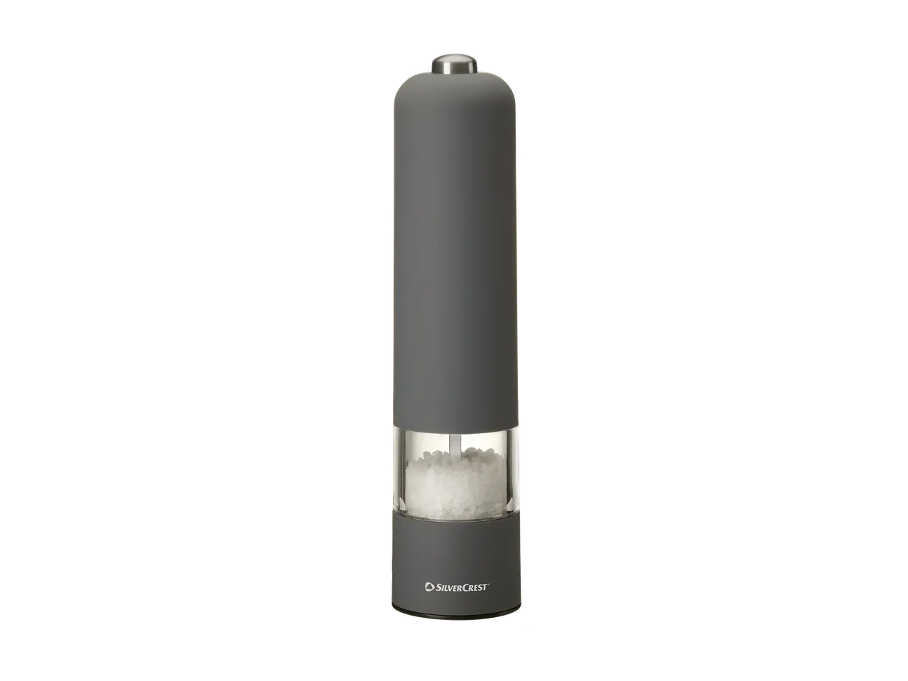 Moulière à sel électrique grise avec un réservoir transparent rempli de gros sel.